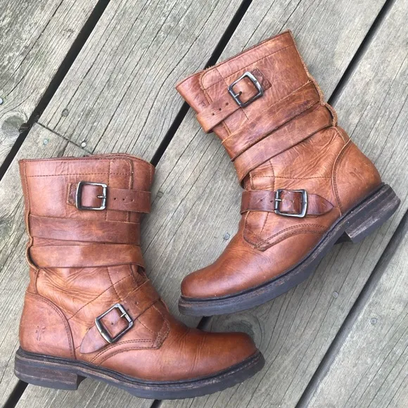 FRYE Boot VERONICA TANKER ENGINEER Combat Boho Distressed Leather Cognac Size 8