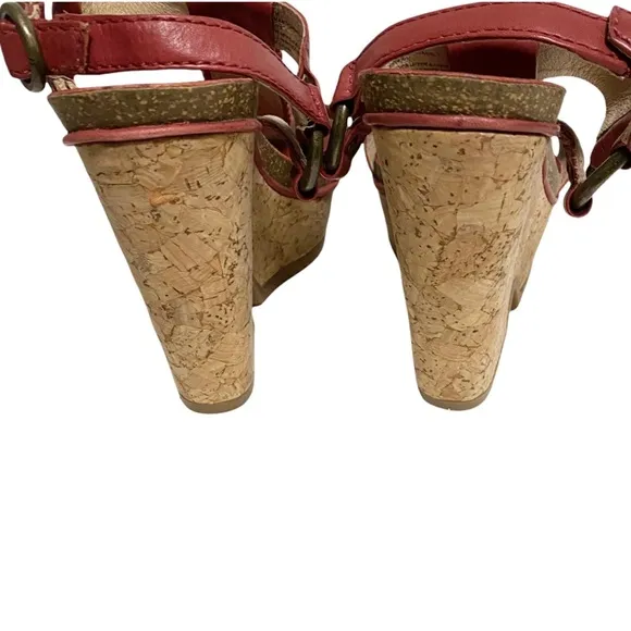 Frye Braylin Artisanal dark red t strap cork wedge leather sandals size 7