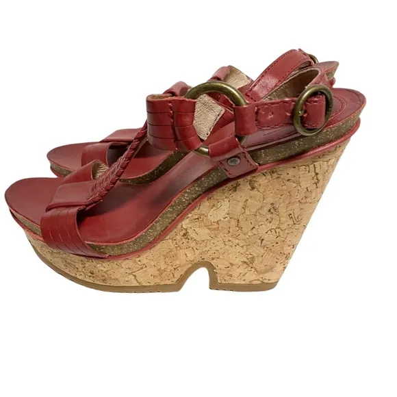 Frye Braylin Artisanal dark red t strap cork wedge leather sandals size 7