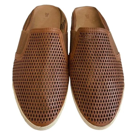 FRYE Melanie Cognac Brown Perforated Leather SlipOn Loafer Mules Flats