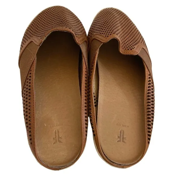 FRYE Melanie Cognac Brown Perforated Leather SlipOn Loafer Mules Flats