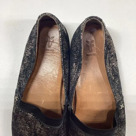 FRYE Melanie Slip On Leather  Black Gold Gunmetal Flats Comfort Shoes