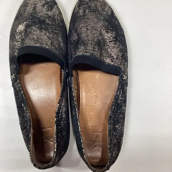 FRYE Melanie Slip On Leather  Black Gold Gunmetal Flats Comfort Shoes