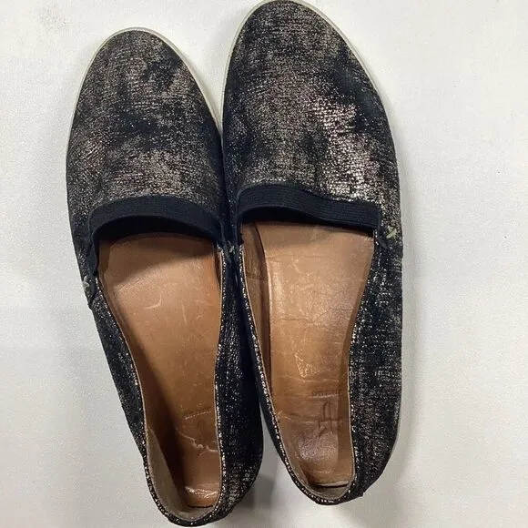 FRYE Melanie Slip On Leather  Black Gold Gunmetal Flats Comfort Shoes