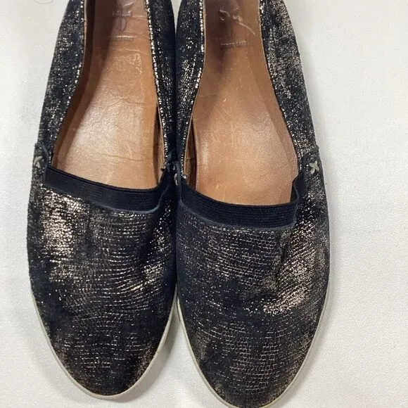 FRYE Melanie Slip On Leather  Black Gold Gunmetal Flats Comfort Shoes