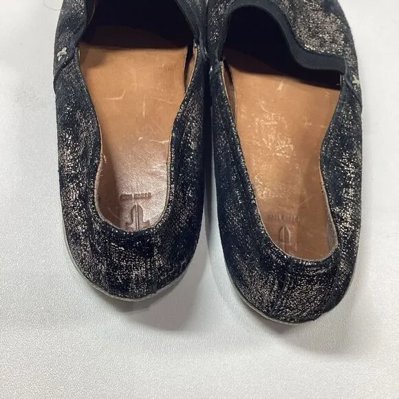 FRYE Melanie Slip On Leather  Black Gold Gunmetal Flats Comfort Shoes