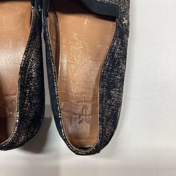 FRYE Melanie Slip On Leather  Black Gold Gunmetal Flats Comfort Shoes