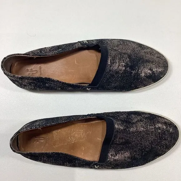 FRYE Melanie Slip On Leather  Black Gold Gunmetal Flats Comfort Shoes