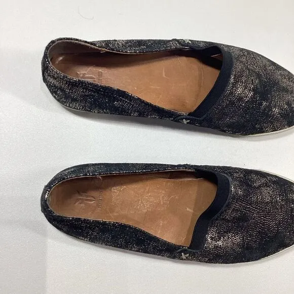 FRYE Melanie Slip On Leather  Black Gold Gunmetal Flats Comfort Shoes