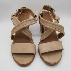 FRYE women's Dani cream leather cross strap stacked heel sandals 10