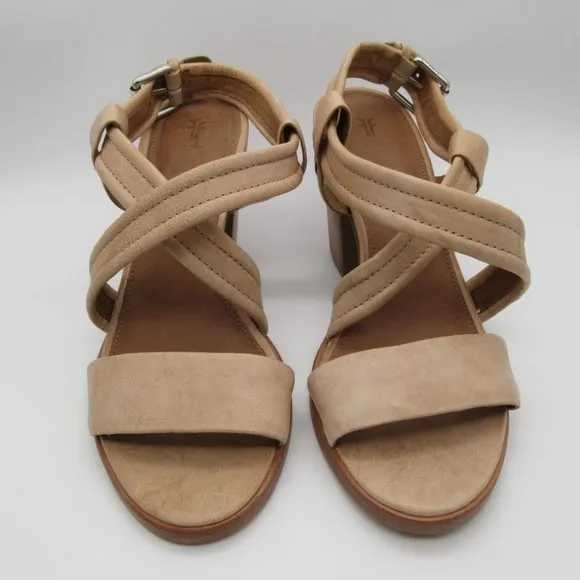 FRYE women's Dani cream leather cross strap stacked heel sandals 10