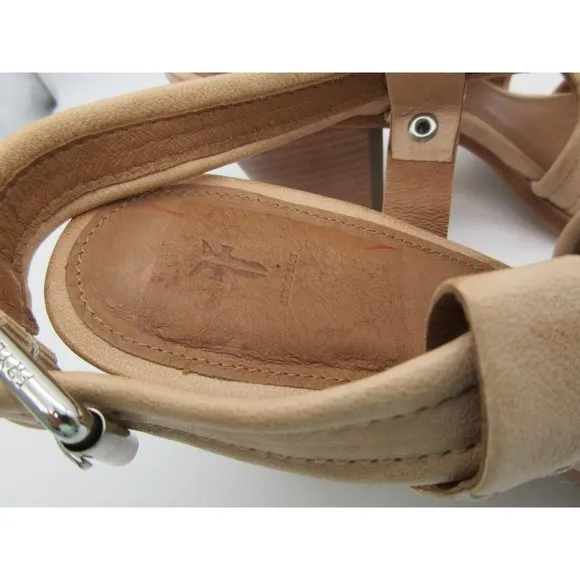 FRYE women's Dani cream leather cross strap stacked heel sandals 10