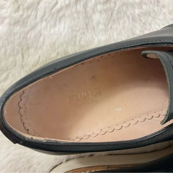 FURLA Plume Black Nappa Soft Onyx Leather Platform Loafers Made In Italy Size 5