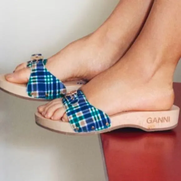 Ganni x Dr Scholls Slip On Pescura Heel Sandals Plaid Strap Blue Womens Sz 7 NEW