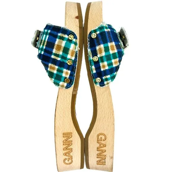 Ganni x Dr Scholls Slip On Pescura Heel Sandals Plaid Strap Blue Womens Sz 7 NEW