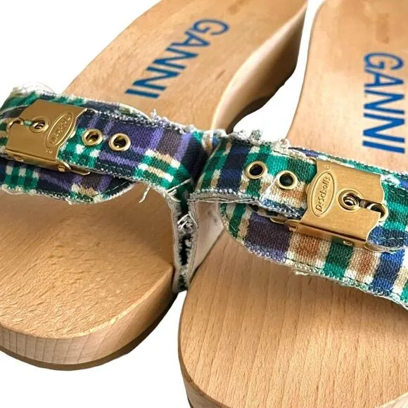 Ganni x Dr Scholls Slip On Pescura Heel Sandals Plaid Strap Blue Womens Sz 7 NEW