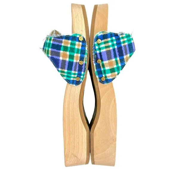 Ganni x Dr Scholls Slip On Pescura Heel Sandals Plaid Strap Blue Womens Sz 7 NEW