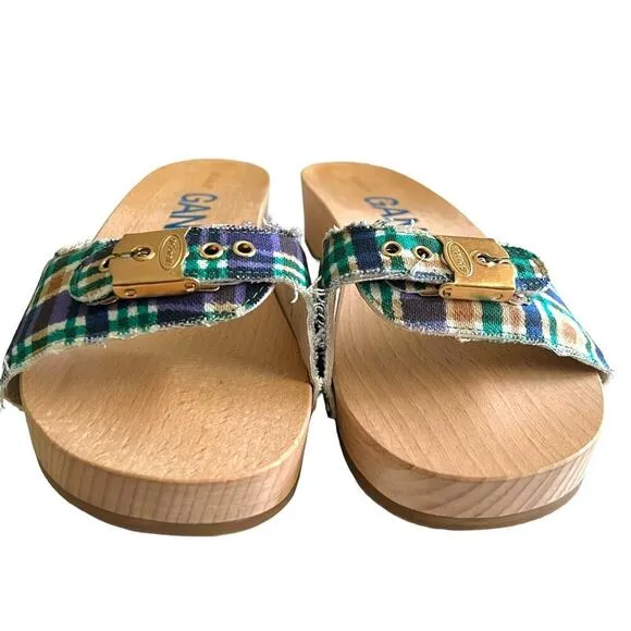 Ganni x Dr Scholls Slip On Pescura Heel Sandals Plaid Strap Blue Womens Sz 7 NEW