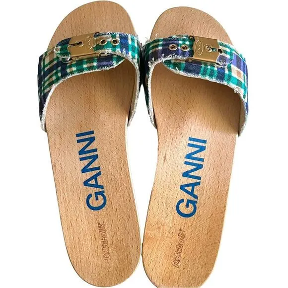 Ganni x Dr Scholls Slip On Pescura Heel Sandals Plaid Strap Blue Womens Sz 7 NEW