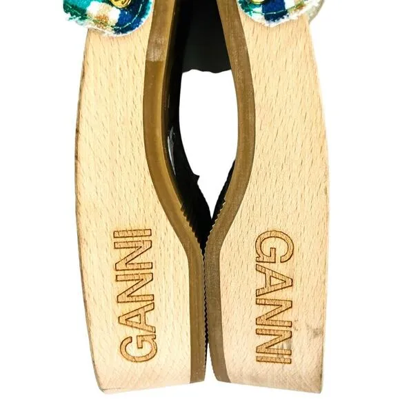 Ganni x Dr Scholls Slip On Pescura Heel Sandals Plaid Strap Blue Womens Sz 7 NEW