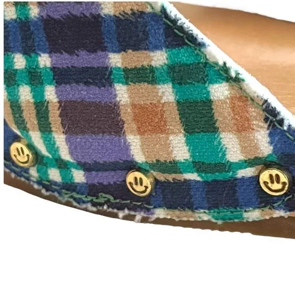 Ganni x Dr Scholls Slip On Pescura Heel Sandals Plaid Strap Blue Womens Sz 7 NEW