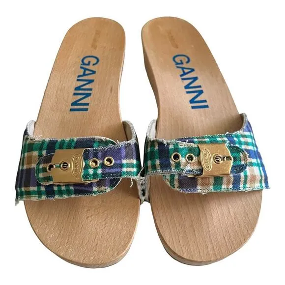 Ganni x Dr Scholls Slip On Pescura Heel Sandals Plaid Strap Blue Womens Sz 7 NEW