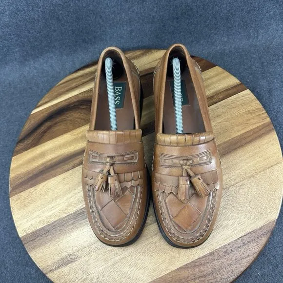 Gh Bass Mens Tan Leather Tassel Woven Brighton Loafers Size 10.5