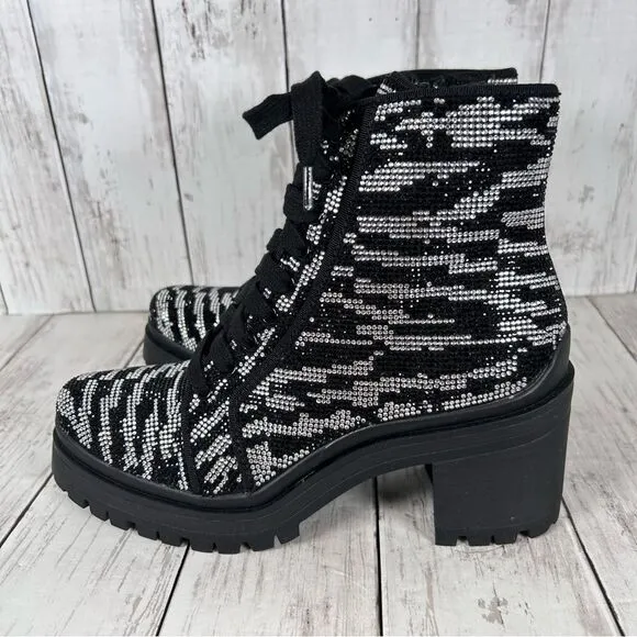 Gianni Bini GB Bright-Side Zebra Rhinestone Lug Sole Combat Boots Size 7.5 NEW