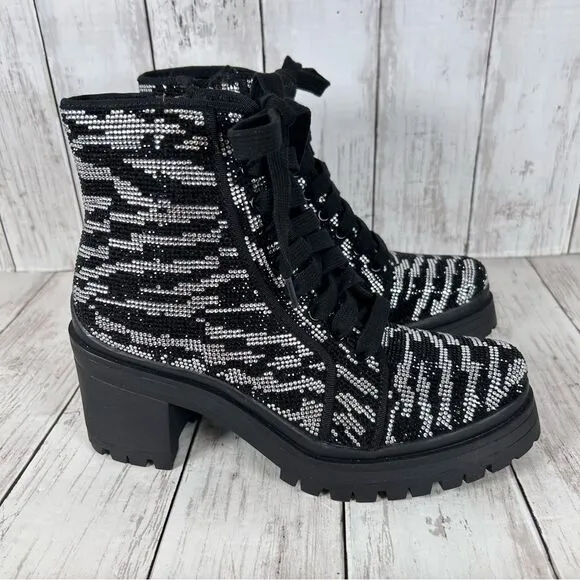 Gianni Bini GB Bright-Side Zebra Rhinestone Lug Sole Combat Boots Size 7.5 NEW