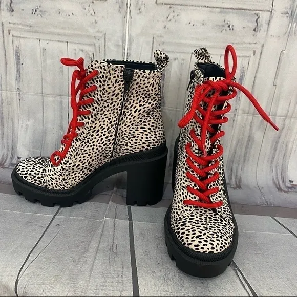 Gianni Binni Tan Red Ryedderr Cheetah Heeled Lug Sole Combat Boots Leather 6M