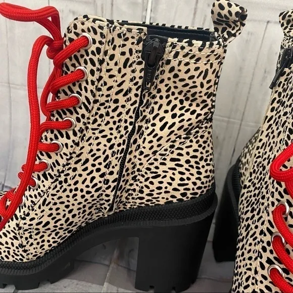 Gianni Binni Tan Red Ryedderr Cheetah Heeled Lug Sole Combat Boots Leather 6M