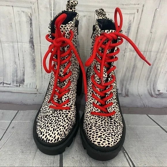 Gianni Binni Tan Red Ryedderr Cheetah Heeled Lug Sole Combat Boots Leather 6M
