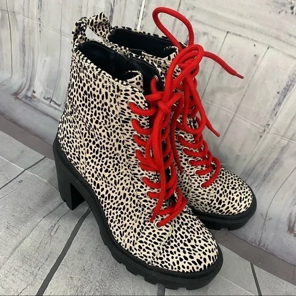 Gianni Binni Tan Red Ryedderr Cheetah Heeled Lug Sole Combat Boots Leather 6M