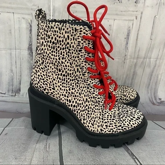 Gianni Binni Tan Red Ryedderr Cheetah Heeled Lug Sole Combat Boots Leather 6M