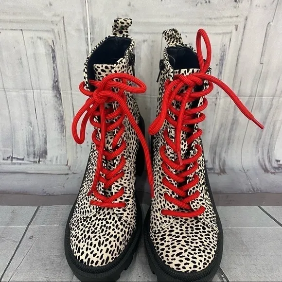 Gianni Binni Tan Red Ryedderr Cheetah Heeled Lug Sole Combat Boots Leather 6M