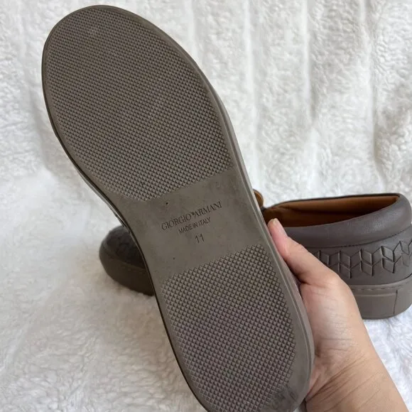 Giorgio Armani men leather with woven trims loafers, Gray, Size 11