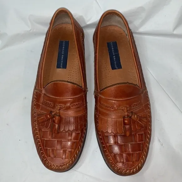 GIORGIO Brutini Chestnut Leather Loafers With Tassels and woven Toe Size 10.5M