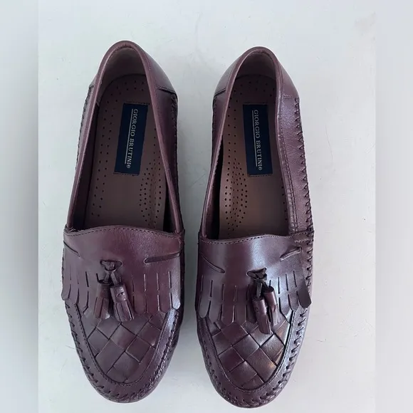 Giorgio Brutini Leather Brown Loafers with Woven Detail andd Tassel Size 9.5W