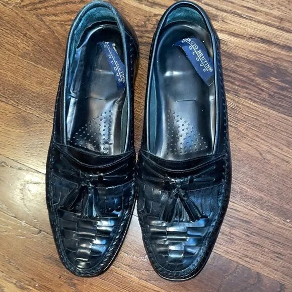 Giorgio Brutini black leather woven toe tassel slip on loafers