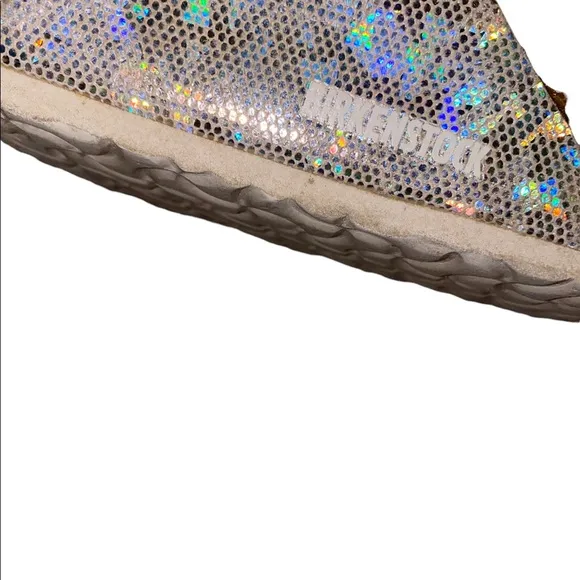 Girls Birkenstock Arizona flashy hologram silver slip on sandals size 13