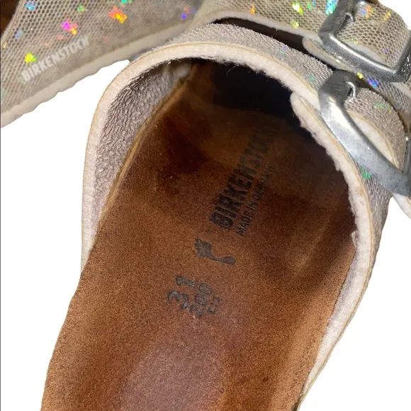 Girls Birkenstock Arizona flashy hologram silver slip on sandals size 13