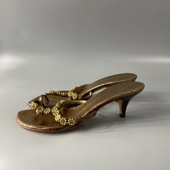 Giuseppe Zanotti Gold Slip-on Toe-Ring Kitten Heel Sandals, Size 36.5