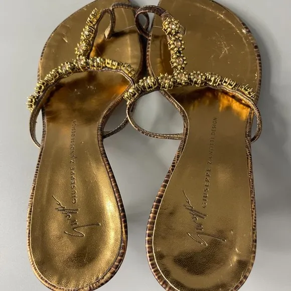 Giuseppe Zanotti Gold Slip-on Toe-Ring Kitten Heel Sandals, Size 36.5