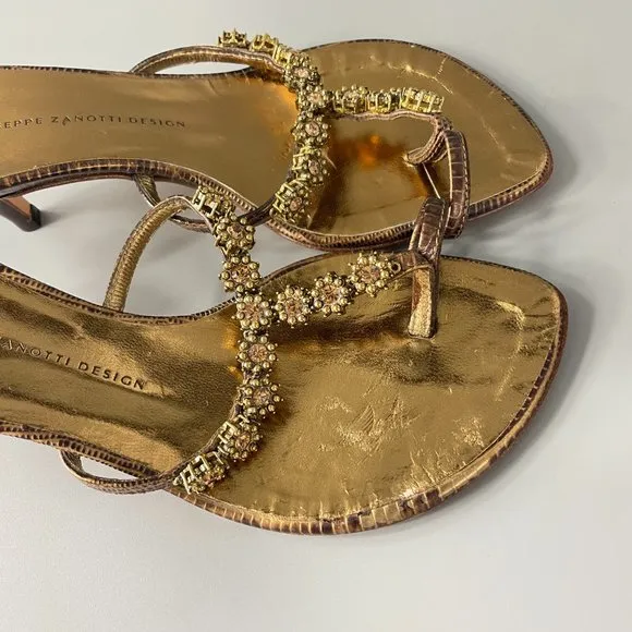 Giuseppe Zanotti Gold Slip-on Toe-Ring Kitten Heel Sandals, Size 36.5