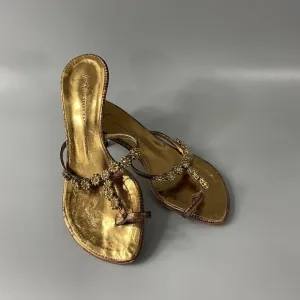 Giuseppe Zanotti Gold Slip-on Toe-Ring Kitten Heel Sandals, Size 36.5