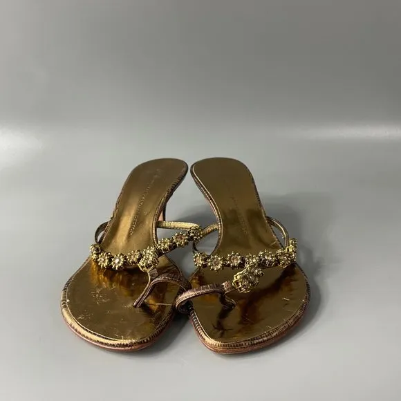 Giuseppe Zanotti Gold Slip-on Toe-Ring Kitten Heel Sandals, Size 36.5