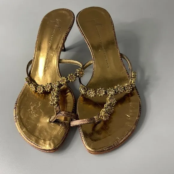 Giuseppe Zanotti Gold Slip-on Toe-Ring Kitten Heel Sandals, Size 36.5