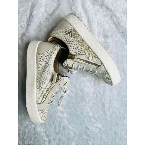 Giuseppe Zanotti Gold/Cream Python Embossed Leather And Leather Double Zip Low T