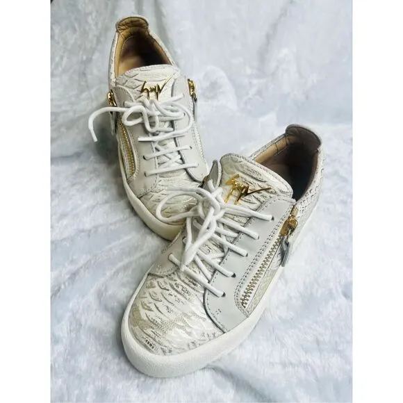 Giuseppe Zanotti Gold/Cream Python Embossed Leather And Leather Double Zip Low T
