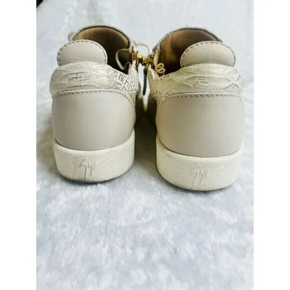 Giuseppe Zanotti Gold/Cream Python Embossed Leather And Leather Double Zip Low T